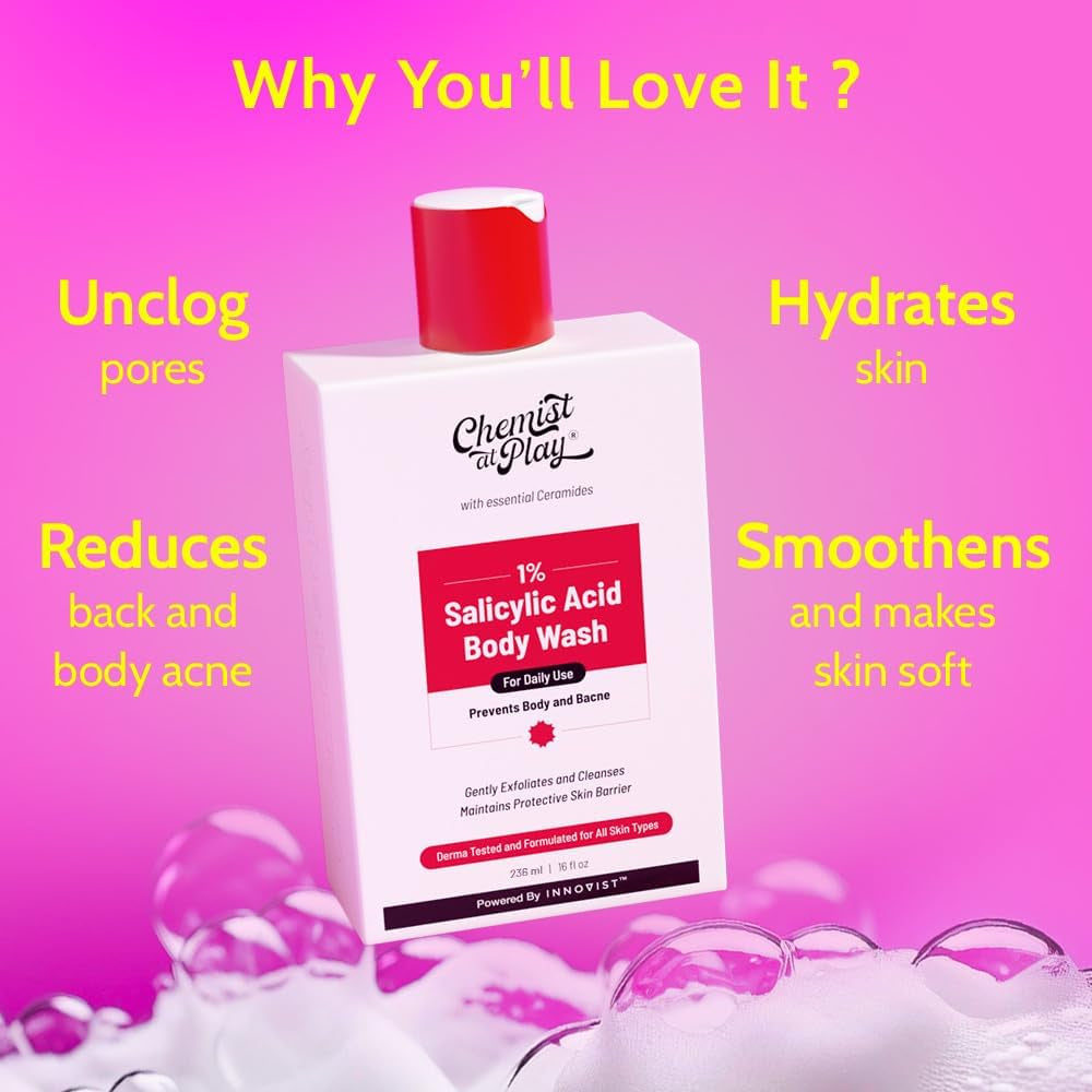 1% Salicylic Acid Body Wash | Helps Prevent Back & Body Acne Smoothens Bumpy Texture | for Sweaty Oily Normal and Dry Skin | Paraben and SLS Free | Suitable for Men and Women | 236 Ml